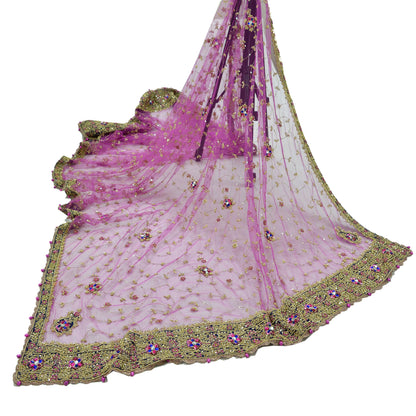 Indian Vintage Heavy Bridal Dupatta Purple Net Mesh Long Stole Hand Embroidered Scarves Golden Zardozi Dabka Zari Wedding Veil Hijab