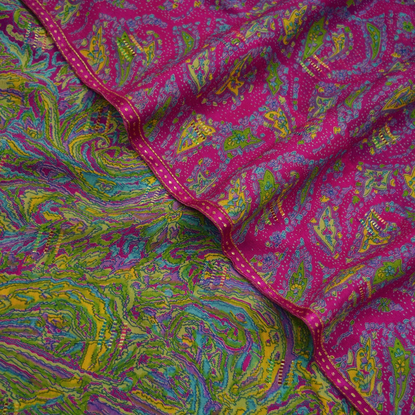 Indian Vintage Sari Pink & Green Pure Silk Printed Sarees 5yd Sewing Craft Fabric Dress Making Soft Floral Ethnic Crafting Quilting Upcycle