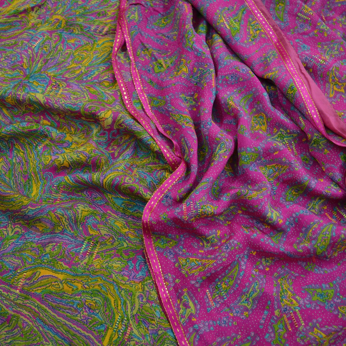 Indian Vintage Sari Pink & Green Pure Silk Printed Sarees 5yd Sewing Craft Fabric Dress Making Soft Floral Ethnic Crafting Quilting Upcycle