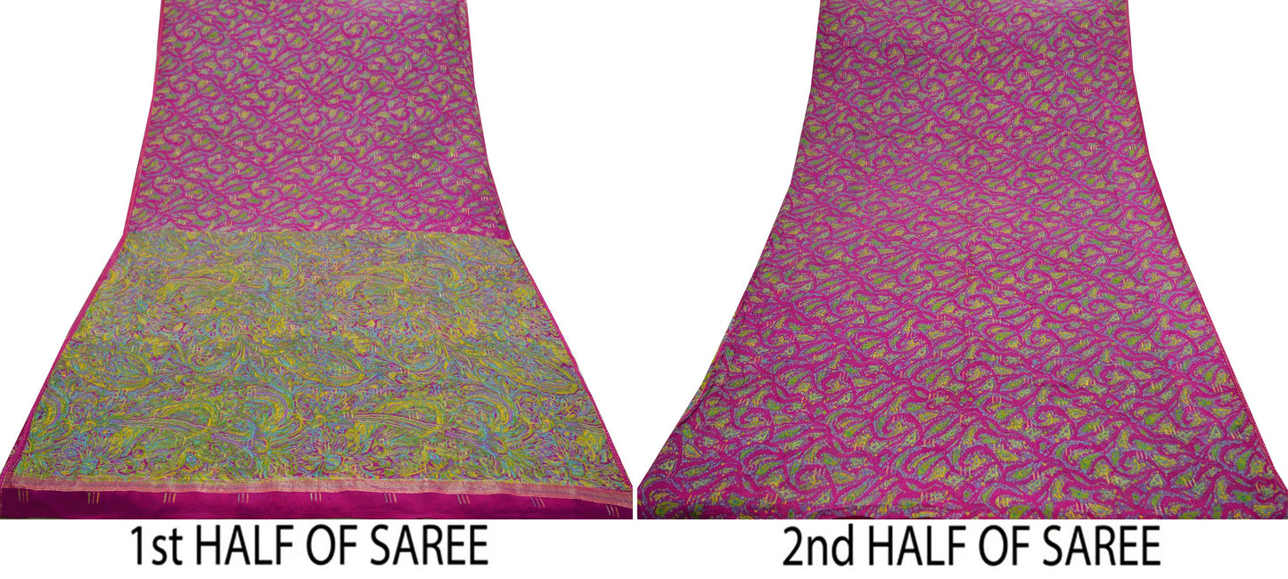 Indian Vintage Sari Pink & Green Pure Silk Printed Sarees 5yd Sewing Craft Fabric Dress Making Soft Floral Ethnic Crafting Quilting Upcycle