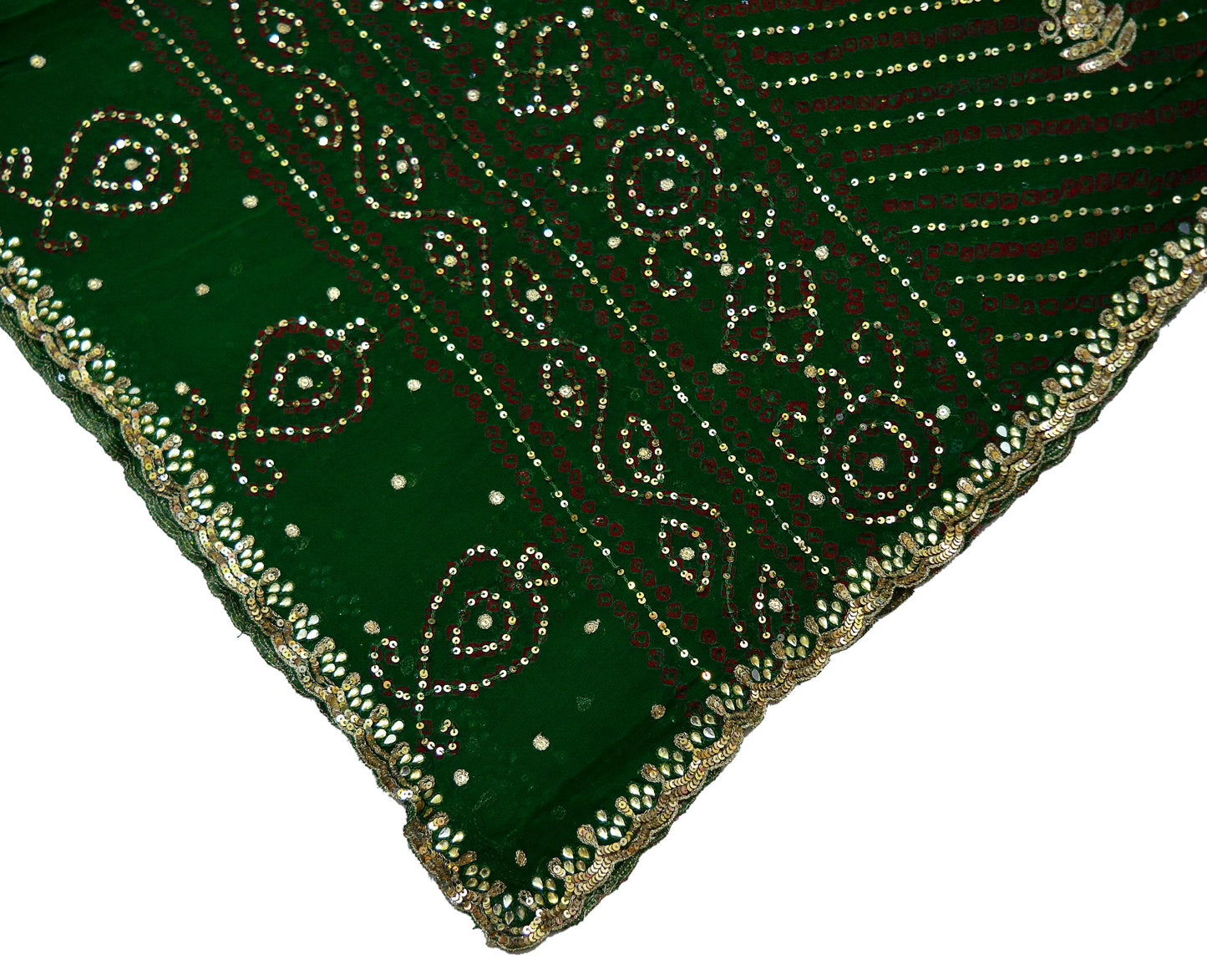 Indian Vintage Green Dupatta Pure Georgette Silk Hand Embroidered Bandhani Veil Scarves Soft Sequins Border