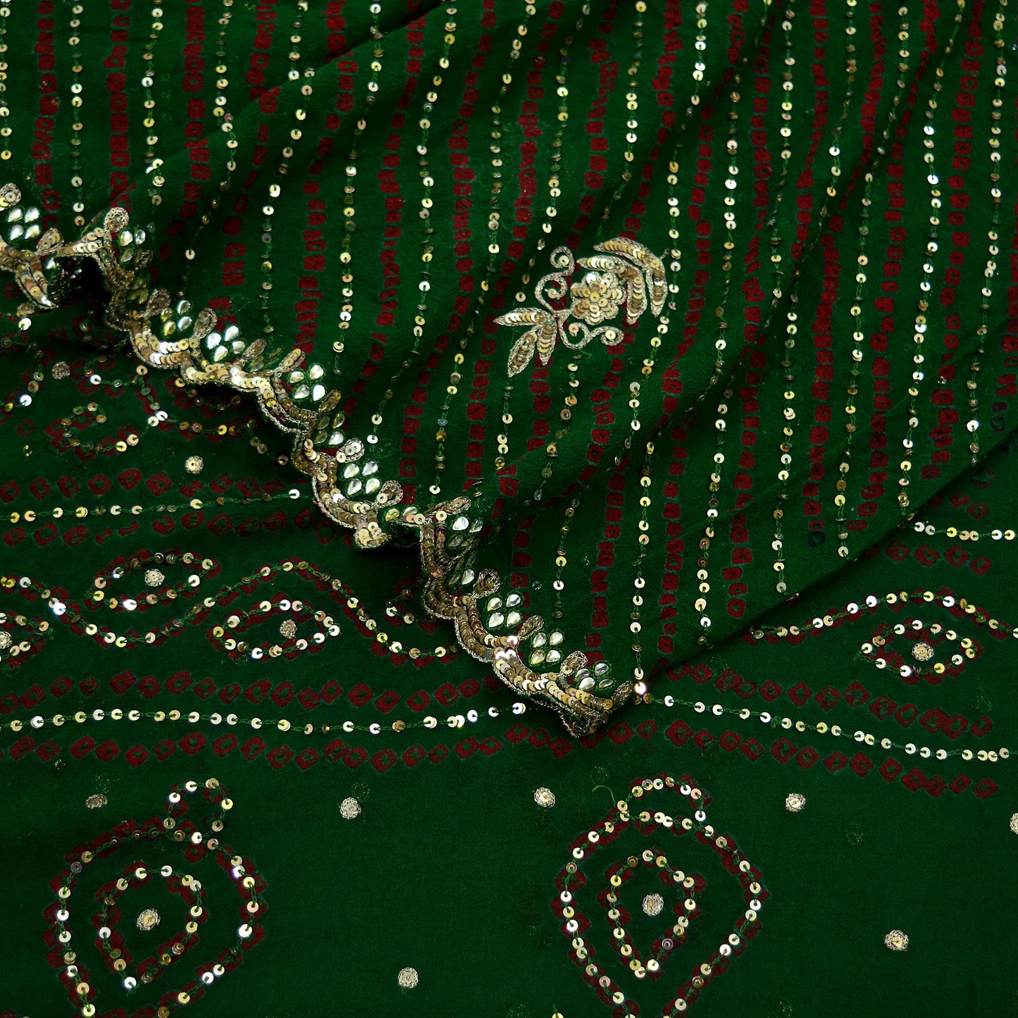 Indian Vintage Green Dupatta Pure Georgette Silk Hand Embroidered Bandhani Veil Scarves Soft Sequins Border