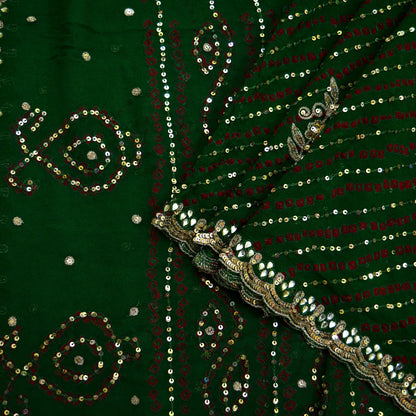 Indian Vintage Green Dupatta Pure Georgette Silk Hand Embroidered Bandhani Veil Scarves Soft Sequins Border