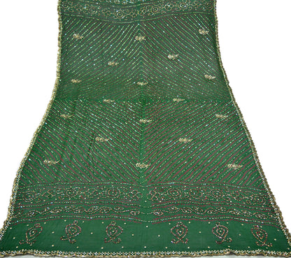 Indian Vintage Green Dupatta Pure Georgette Silk Hand Embroidered Bandhani Veil Scarves Soft Sequins Border