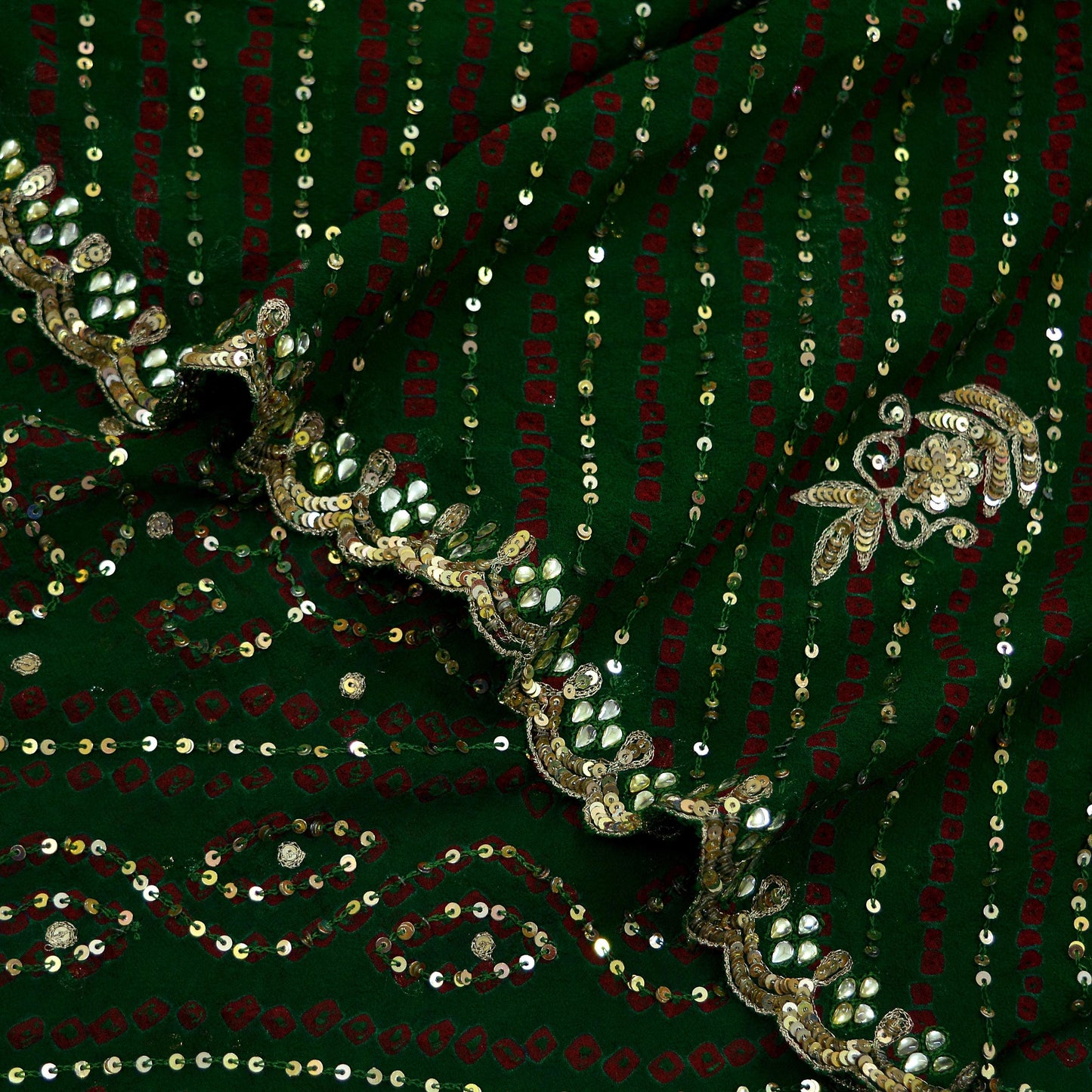 Indian Vintage Green Dupatta Pure Georgette Silk Hand Embroidered Bandhani Veil Scarves Soft Sequins Border