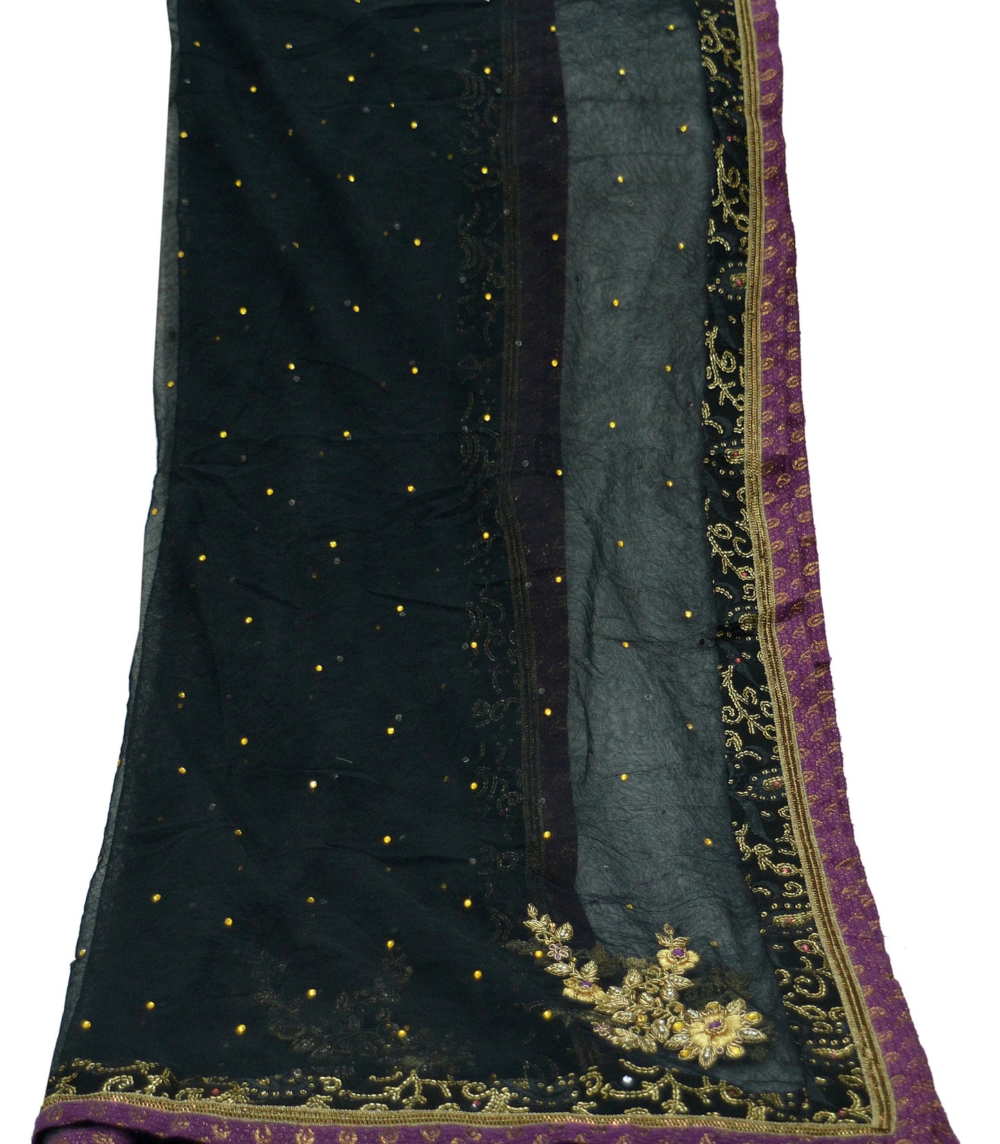 Indian Vintage Black Dupatta Net Mesh Long Stole Hand Embroidered Scarves Golden Zardozi Zari Sequins Hijab Veil wrap Boho