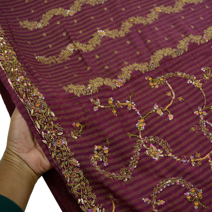 Indian Vintage Heavy Sari Purple Pure Silk Hand Embroidered Sarees Fabric 5Yd Sewing Soft Zardozi/Dabka Sequins Wedding Sarees Crafting