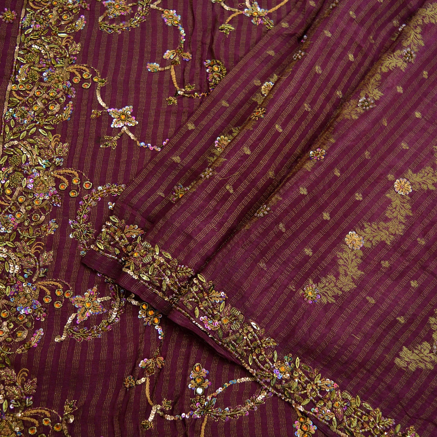 Indian Vintage Heavy Sari Purple Pure Silk Hand Embroidered Sarees Fabric 5Yd Sewing Soft Zardozi/Dabka Sequins Wedding Sarees Crafting