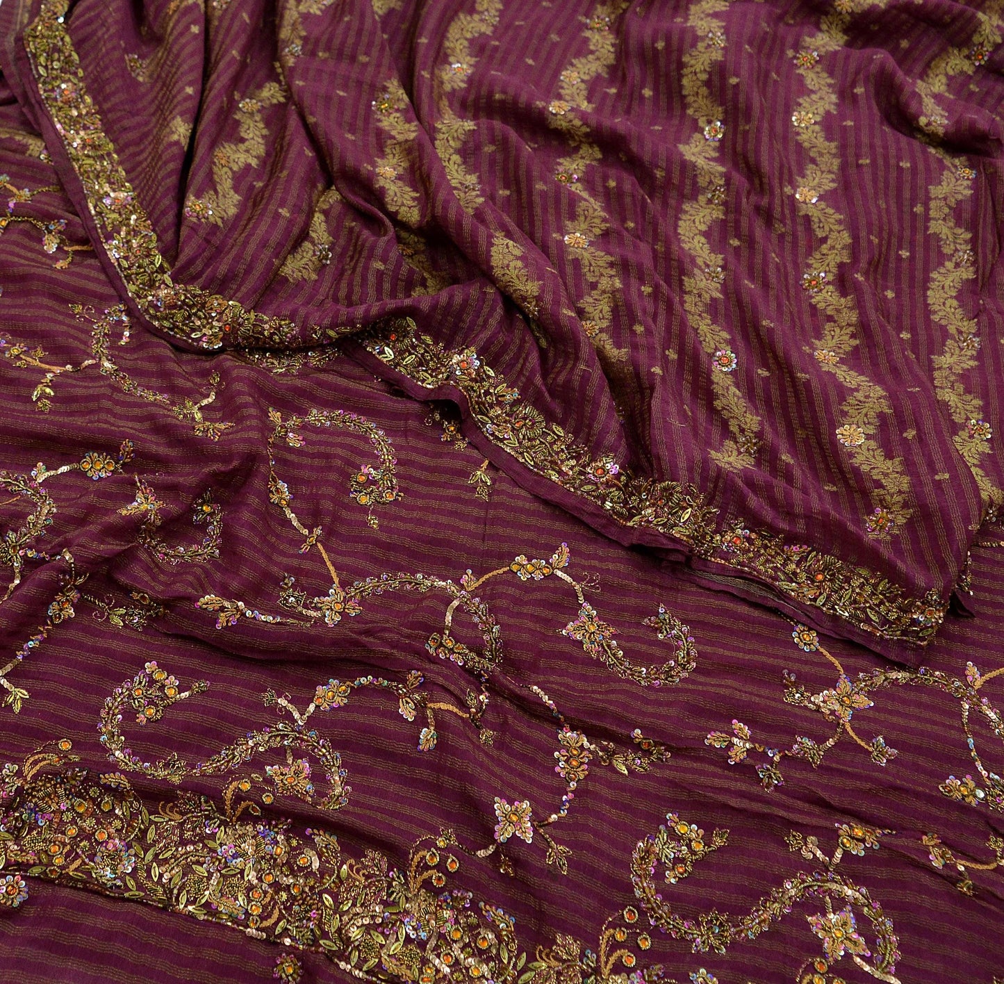 Indian Vintage Heavy Sari Purple Pure Silk Hand Embroidered Sarees Fabric 5Yd Sewing Soft Zardozi/Dabka Sequins Wedding Sarees Crafting