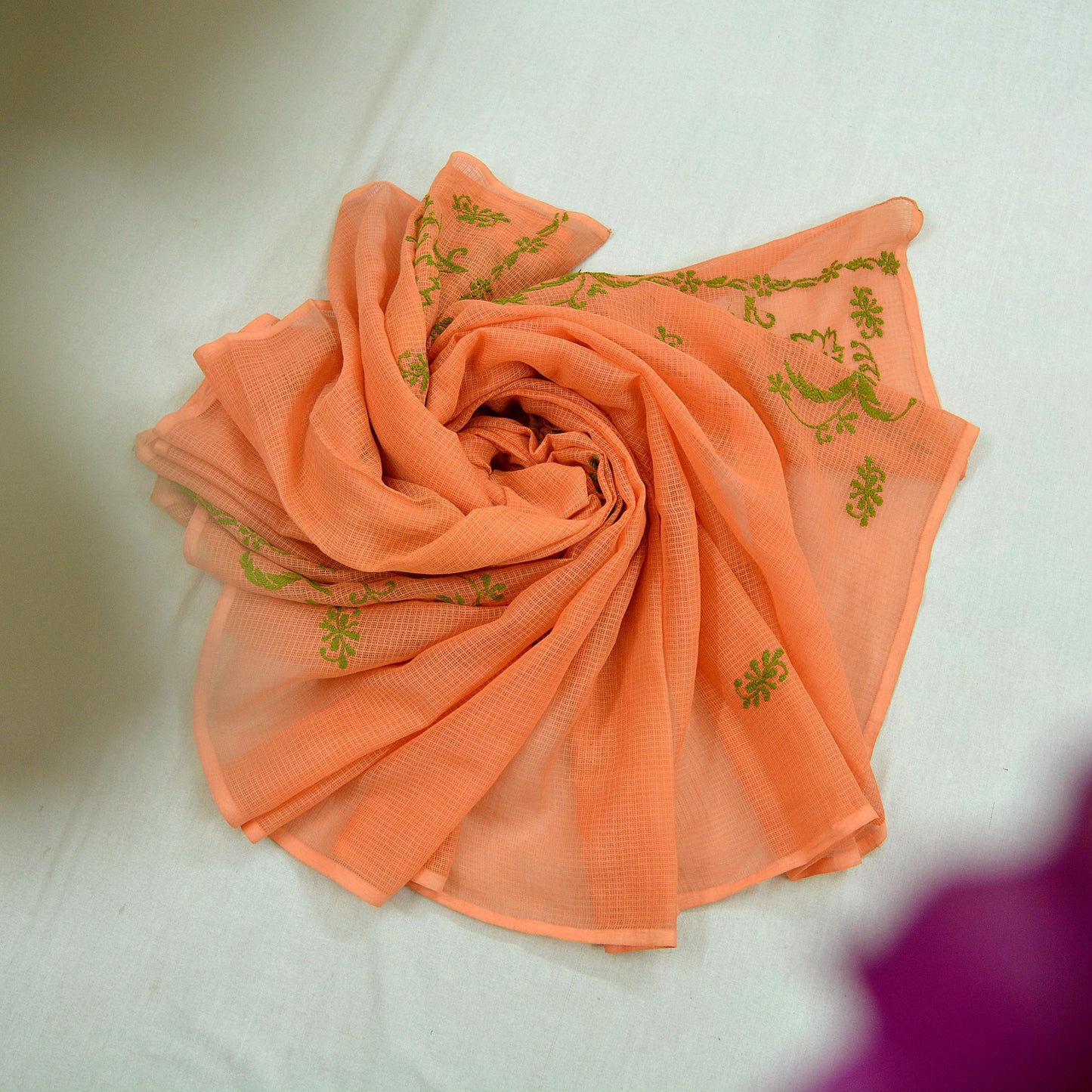 Indian Vintage Orange Dupatta Long Stole Pure Cotton Handmade Chikankari Scarves Veil Scarf Wrap Hippie Boho Soft