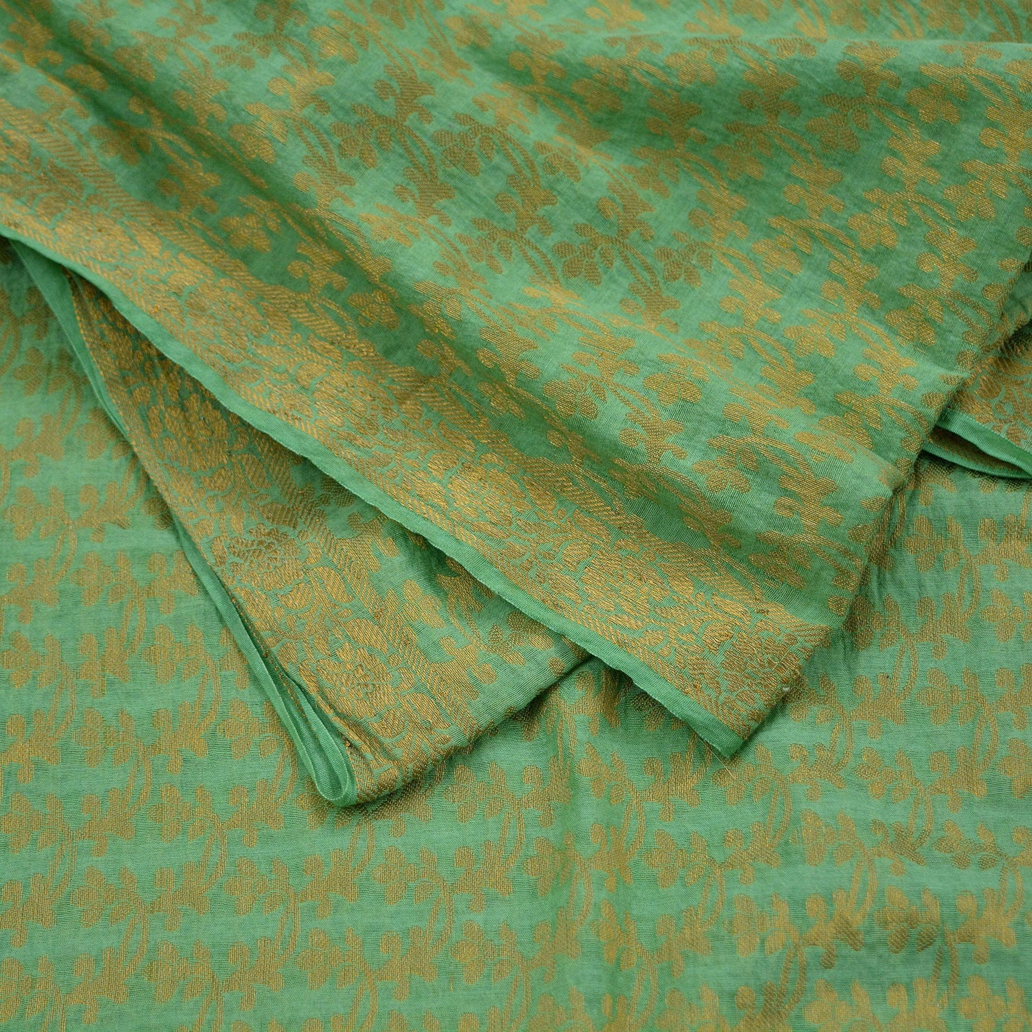 Indian Vintage Green Dupatta Long Stole Woven Cotton Scarves Veil Golden Zari Soft Floral Design