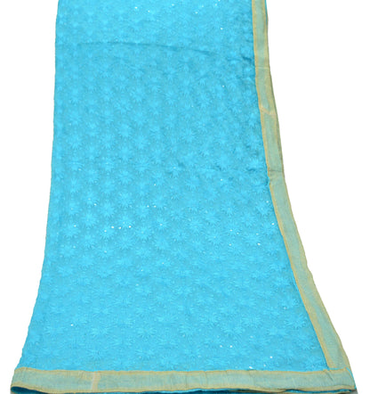 Indian Vintage Blue Dupatta Long Stole Chiffon Hand Embroidered Bagh Phulkari Stole Scarves Golden lace