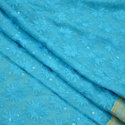 Indian Vintage Blue Dupatta Long Stole Chiffon Hand Embroidered Bagh Phulkari Stole Scarves Golden lace