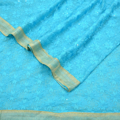 Indian Vintage Blue Dupatta Long Stole Chiffon Hand Embroidered Bagh Phulkari Stole Scarves Golden lace