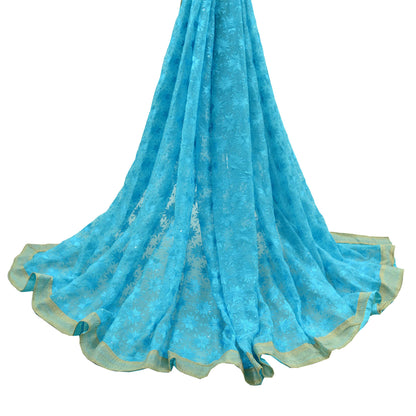 Indian Vintage Blue Dupatta Long Stole Chiffon Hand Embroidered Bagh Phulkari Stole Scarves Golden lace