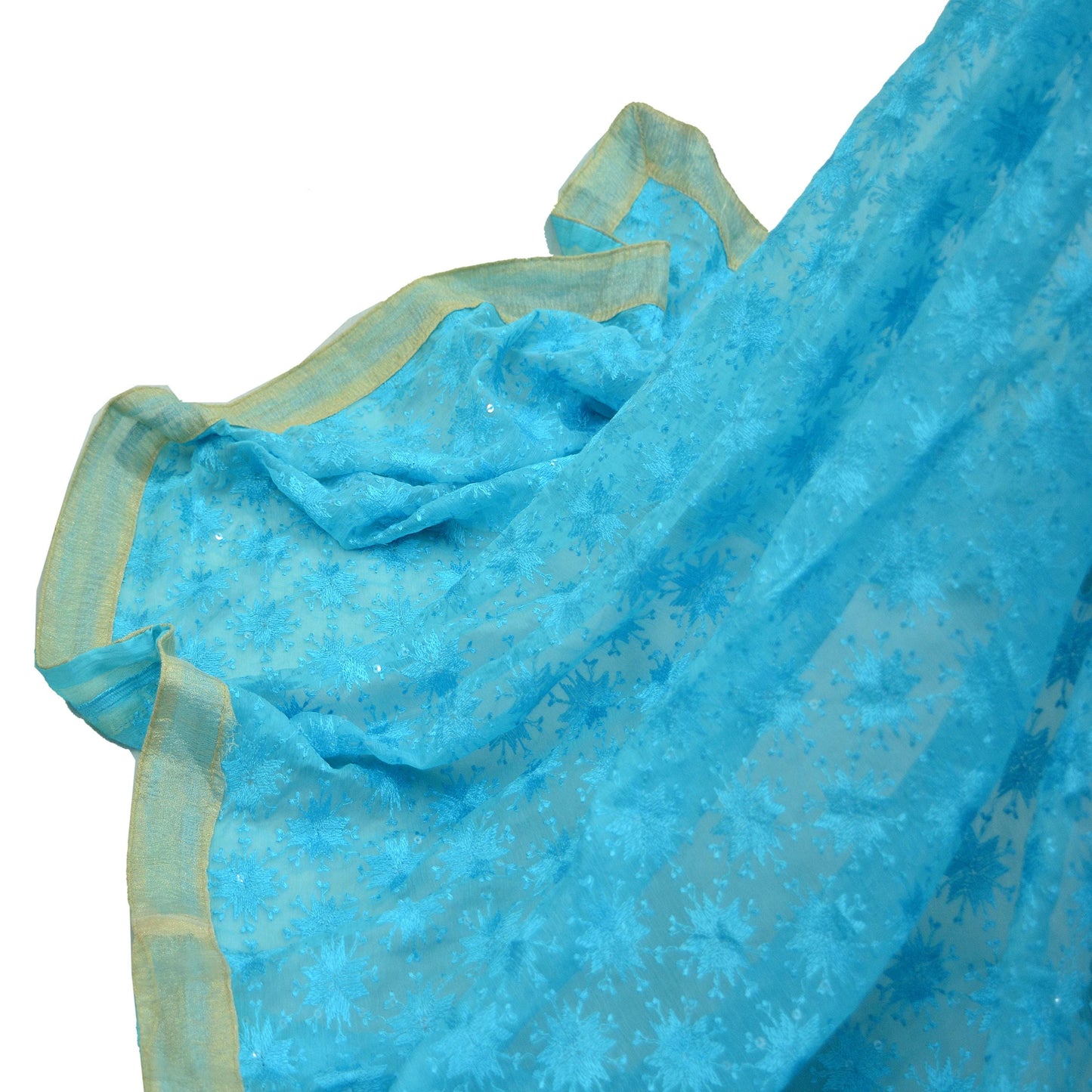 Indian Vintage Blue Dupatta Long Stole Chiffon Hand Embroidered Bagh Phulkari Stole Scarves Golden lace