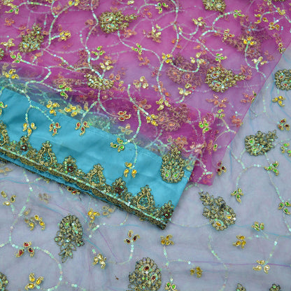 Indian Vintage Heavy Sari Purple & Blue Net/Mesh Hand Embroidered Sarees Craft Fabric 6Yd Sewing Soft Zardozi/Dabka Zari Wedding sari