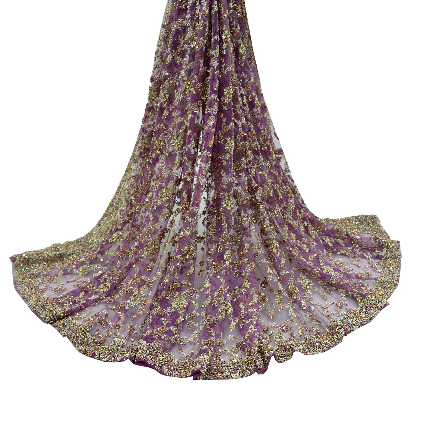 Indian Vintage Heavy Purple Dupatta Net Mesh Long Stole Hand Embroidered Scarves Golden Zardozi Dabka Zari  Bridal/Wedding Veil