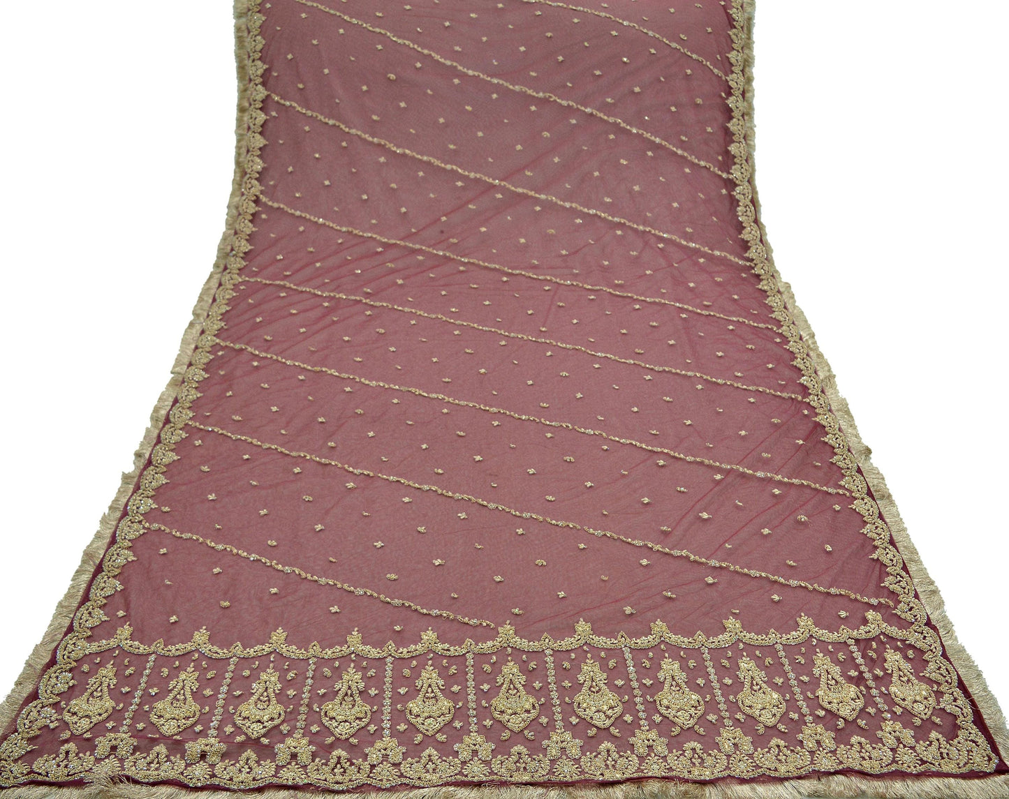 Indian Vintage Heavy Mauve Dupatta Net Mesh Long Stole Hand Embroidered Scarves Zardozi/ Dabka Zari Sequins Bridal Wear Wedding Veil