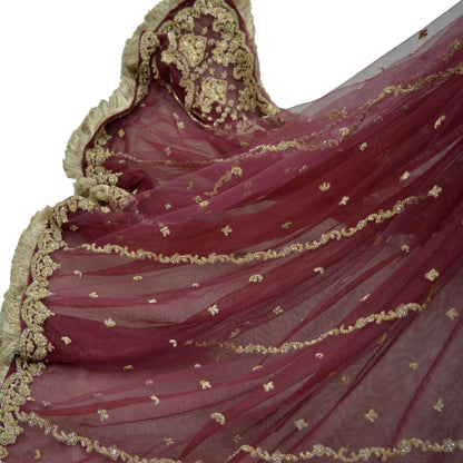 Indian Vintage Heavy Mauve Dupatta Net Mesh Long Stole Hand Embroidered Scarves Zardozi/ Dabka Zari Sequins Bridal Wear Wedding Veil