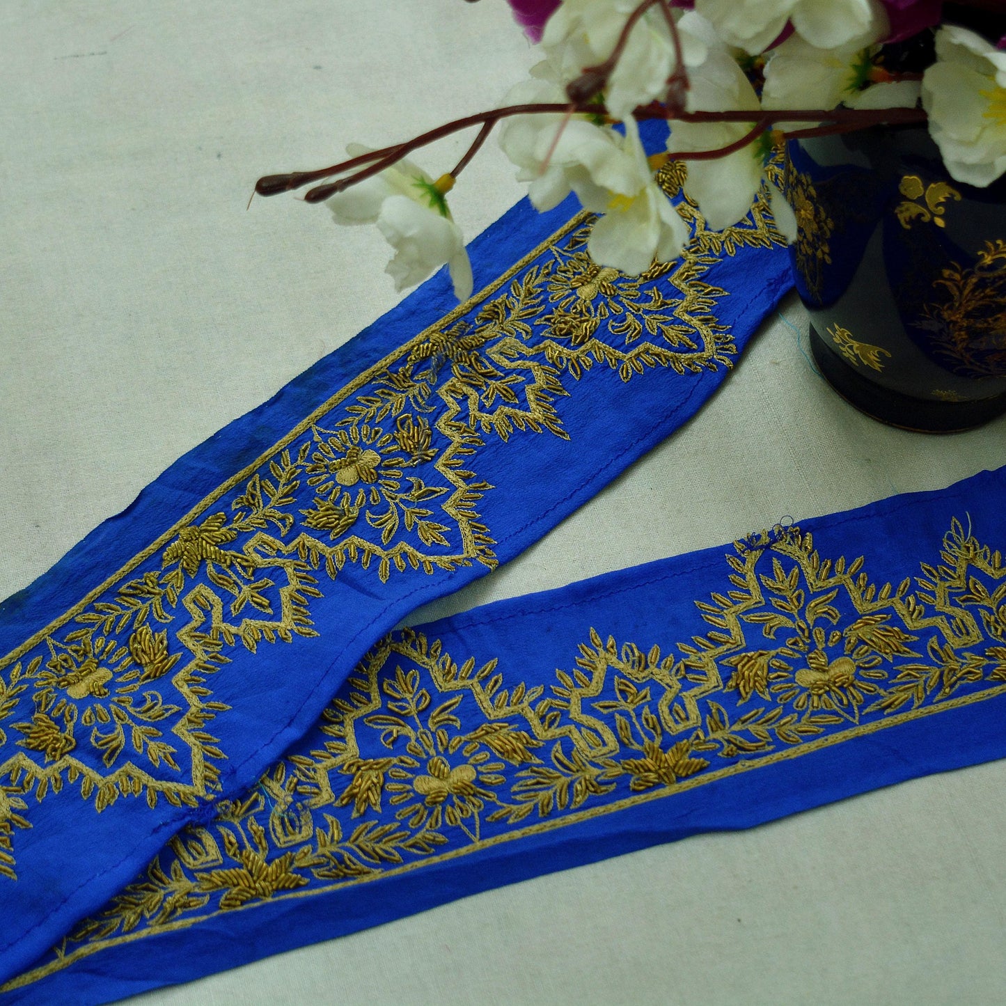 Indian Vintage Blue Sari Border Hand Embroidered 1yd Craft Trim Lace Sewing Sari Ribbon Pure Crepe silk  Zardozi/Dabka Zari