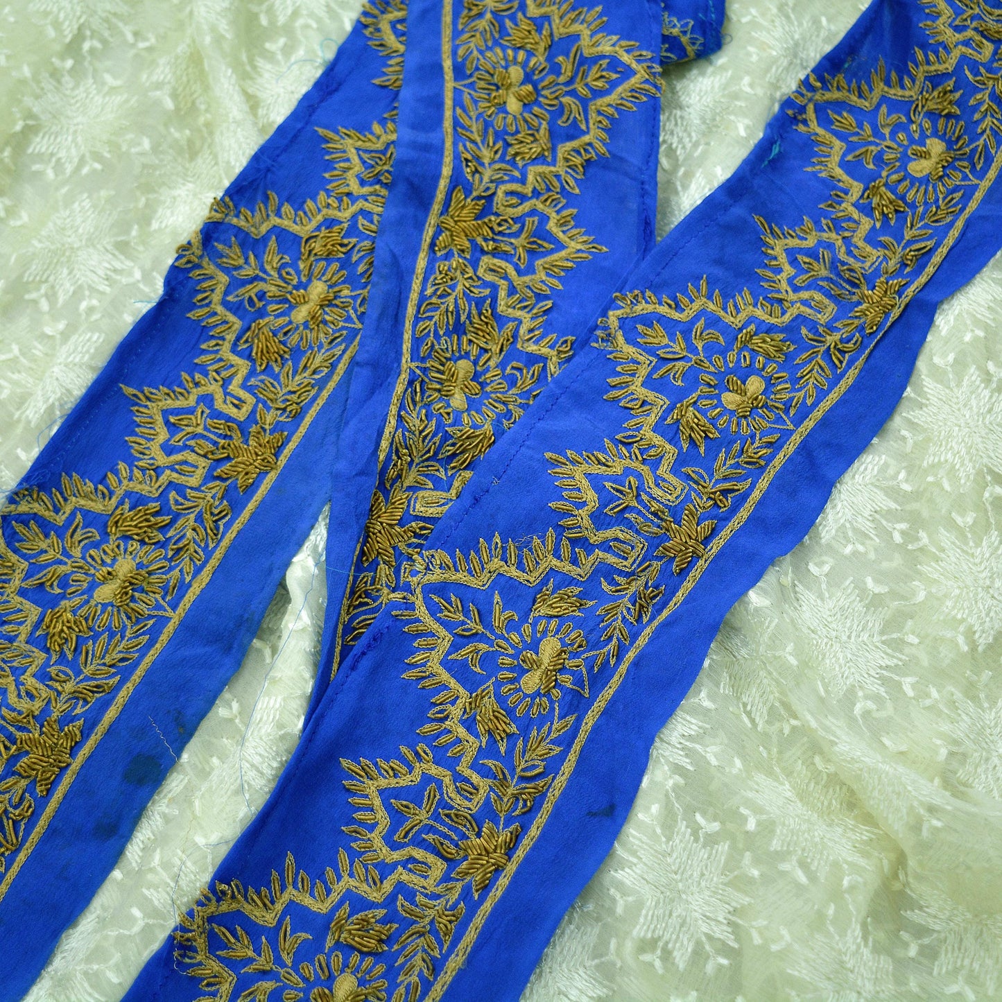 Indian Vintage Blue Sari Border Hand Embroidered 1yd Craft Trim Lace Sewing Sari Ribbon Pure Crepe silk  Zardozi/Dabka Zari