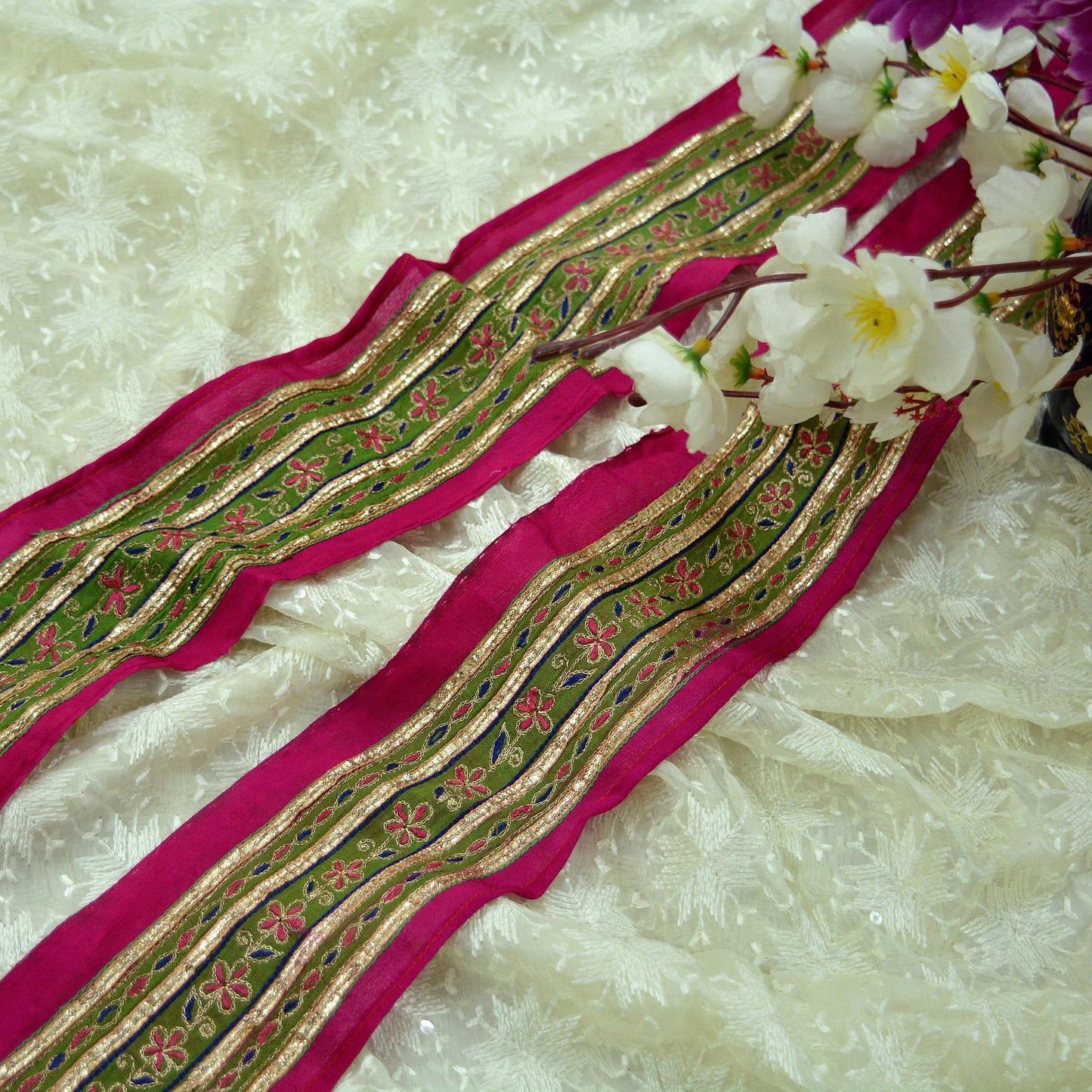 Indian Vintage Pink Saree Border Hand Embroidered Gota Patti 1yd Craft Trim Lace Sewing Sari Ribbon Pure silk