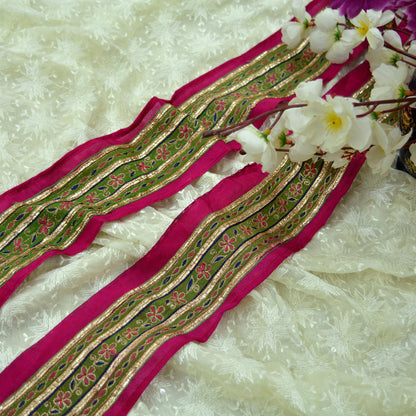 Indian Vintage Pink Saree Border Hand Embroidered Gota Patti 1yd Craft Trim Lace Sewing Sari Ribbon Pure silk