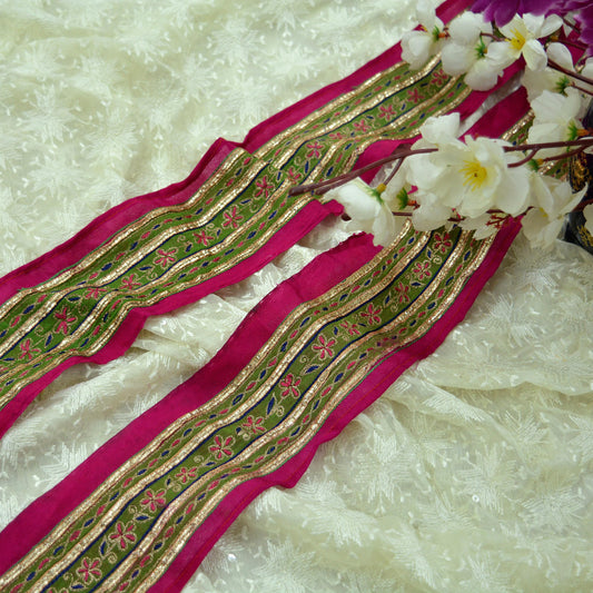 Indian Vintage Pink Saree Border Hand Embroidered Gota Patti 1yd Craft Trim Lace Sewing Sari Ribbon Pure silk