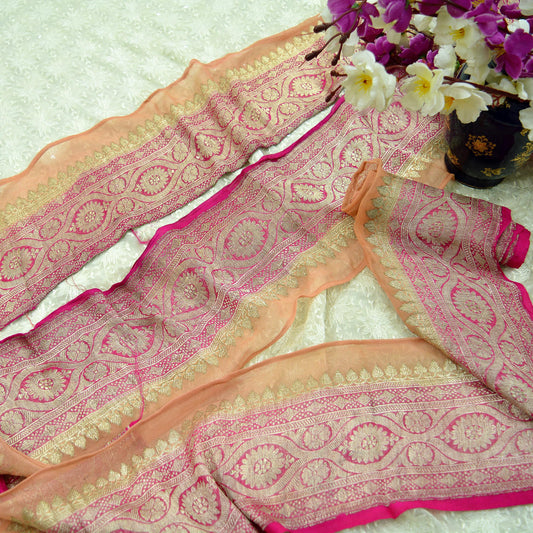 Indian Vintage Sari Border Pink & Peach Woven Banarasi Trim Craft 1yd Sewing Recycled Sari Border Zari Pure Silk Home Decor Crafting