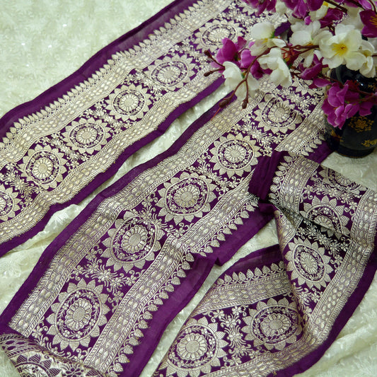 Indian Vintage Purple Sari Border Woven Banarasi Trim Craft 1yd Sewing Recycled Trim Silver Zari Pure Satin Silk Home Decor Crafting