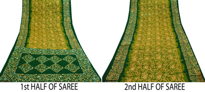 Indian Vintage Sari Green & Saffron Batik Printed Saree 100% Pure Cotton 5Yd Craft Fabric Soft Sewing Sarong Wrap Boho Quilting Dress Making