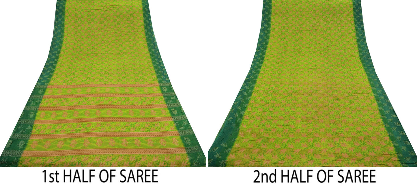 Indian Vintage Green Saree Printed Pure Cotton Sari Craft Fabric Soft 5Yd Sewing Sarong Wrap Boho Floral Dress making Crafting Quilting