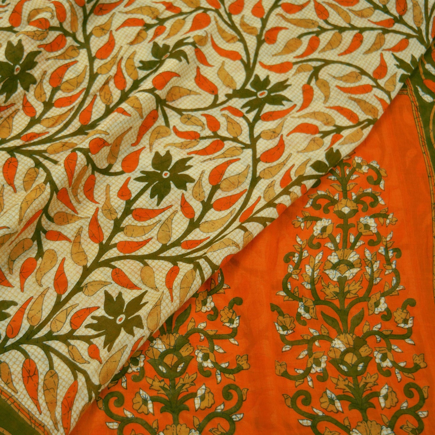 Indian Vintage Sari Orange & Beige Printed Sarees 100% Pure Cotton Craft Fabric Soft 5Yd Sewing Sarong Wrap Floral Dress Making Crafting