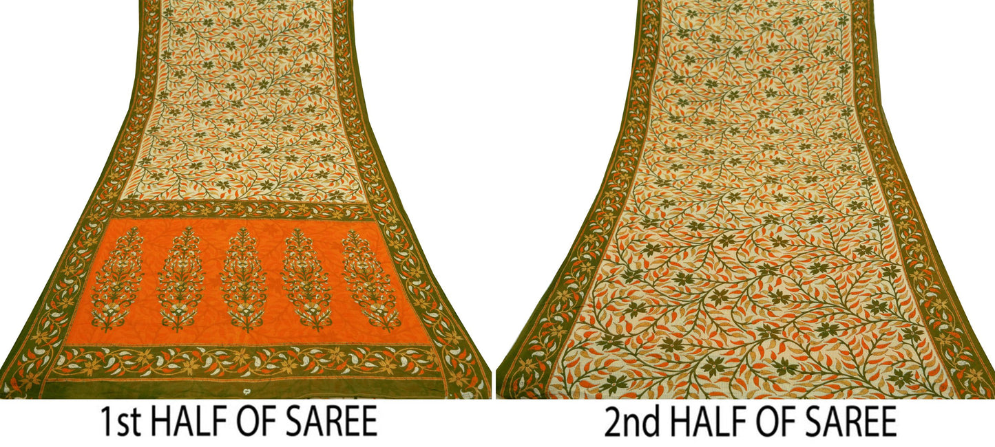 Indian Vintage Sari Orange & Beige Printed Sarees 100% Pure Cotton Craft Fabric Soft 5Yd Sewing Sarong Wrap Floral Dress Making Crafting