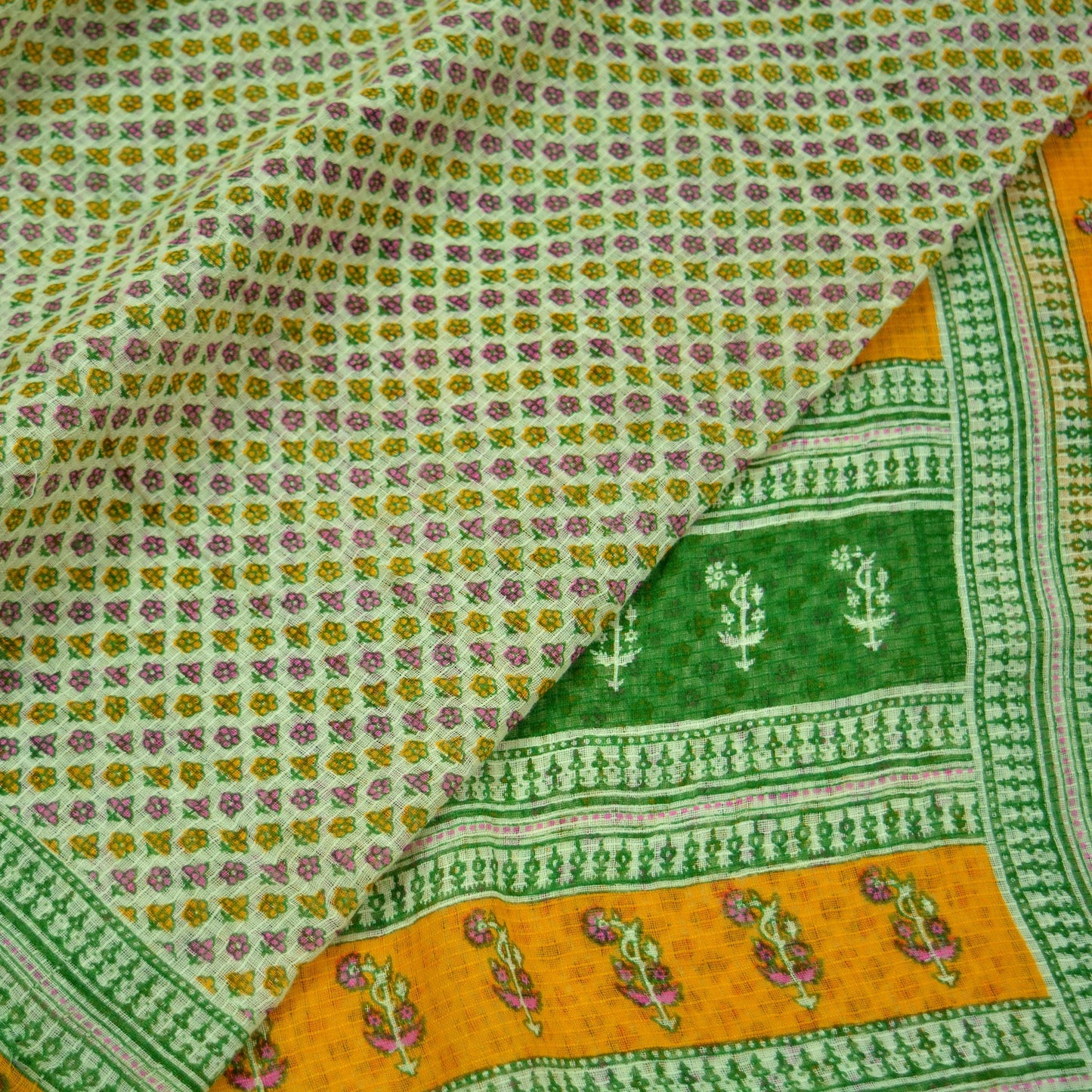 Indian Vintage Sari Green & Ivory Printed Pure Cotton Sarees 5Yd Craft Fabric Soft Sewing Sarong Wrap Boho Upcycle quilting Dress making