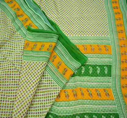 Indian Vintage Sari Green & Ivory Printed Pure Cotton Sarees 5Yd Craft Fabric Soft Sewing Sarong Wrap Boho Upcycle quilting Dress making