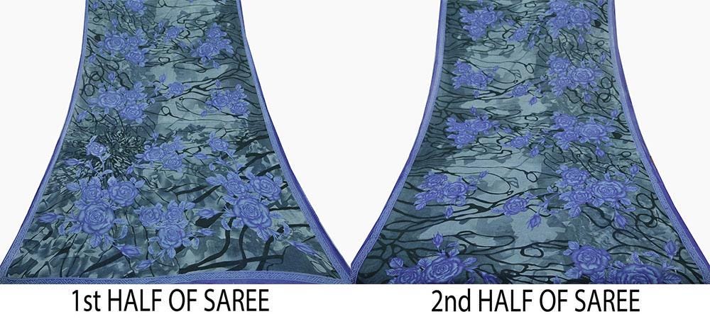 Indian Vintage Sari Gray & Blue Printed Pure Cotton Saree Craft Fabric 5Yd Sewing Soft Sarong Wrap Boho Dress Making Quilting Crafting