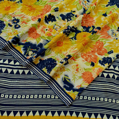 Indian Vintage Sari Mustard & Blue Pure Crepe Silk Printed Saree 5yd Sewing Soft Craft Fabric Wrap Dress making Crafting Quilting Designing