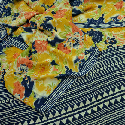 Indian Vintage Sari Mustard & Blue Pure Crepe Silk Printed Saree 5yd Sewing Soft Craft Fabric Wrap Dress making Crafting Quilting Designing