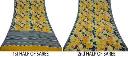 Indian Vintage Sari Mustard & Blue Pure Crepe Silk Printed Saree 5yd Sewing Soft Craft Fabric Wrap Dress making Crafting Quilting Designing