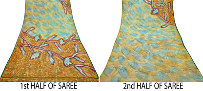 Women Vintage Saree Green & Saffron Pure Georgette Silk Printed Sari 6yd Craft Fabric Sewing Crafting Dress making Quilting Upcycle Used