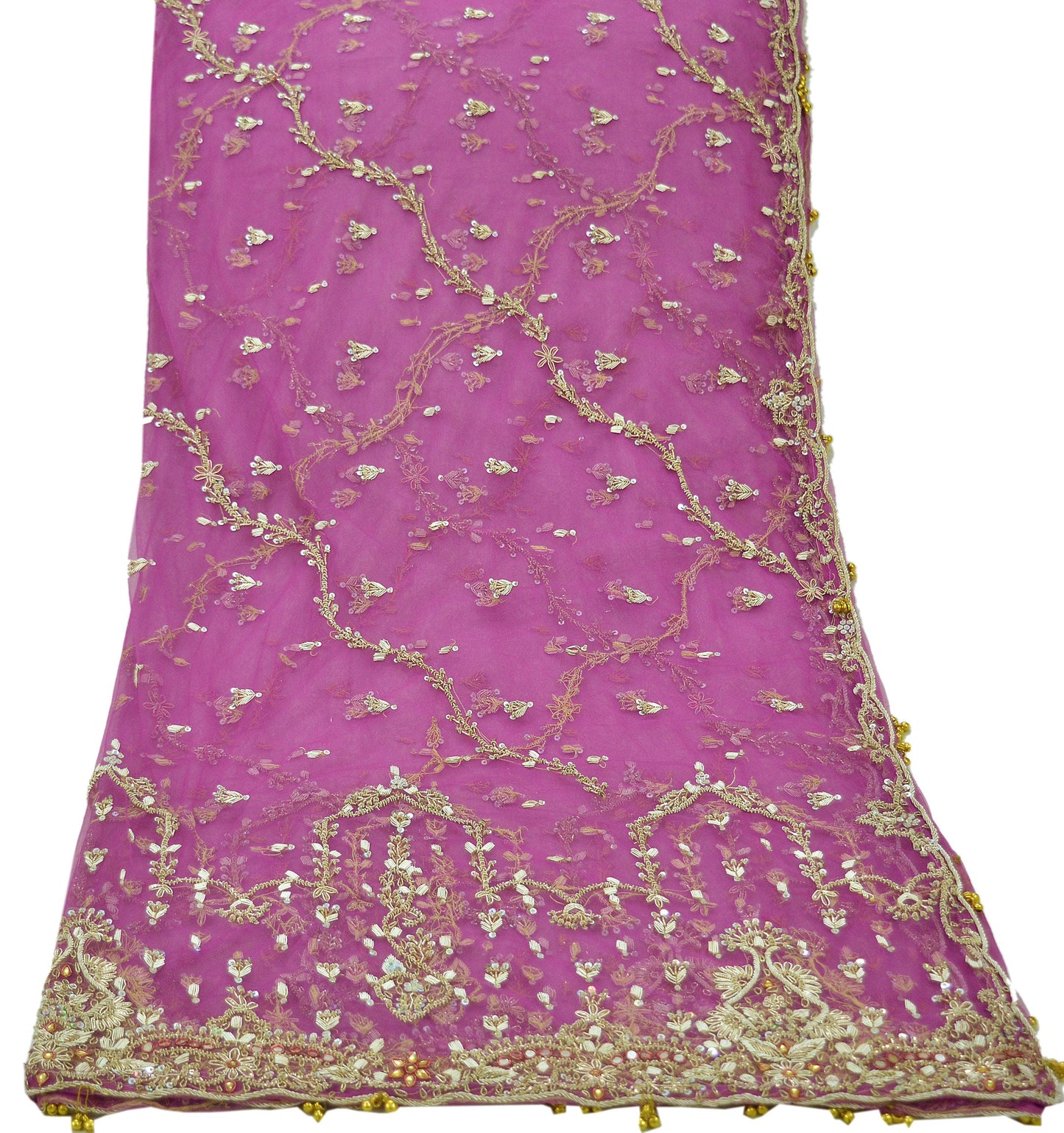 Indian Vintage Pink Dupatta Net Mesh Long Stole Hand Embroidered Scarves Golden Zardozi Zari Sequins Wedding/ Bridal Veil Hijab