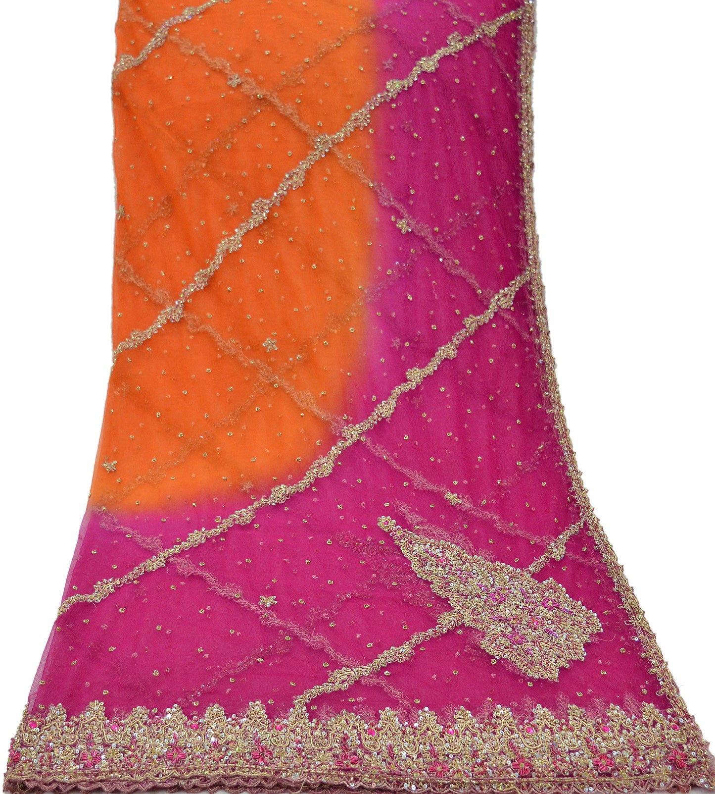 Indian Vintage Heavy Bridal Dupatta Orange & Purple Net Mesh Long Stole Hand Embroidered Scarves Golden Zardozi Zari Sequins Wedding hijab