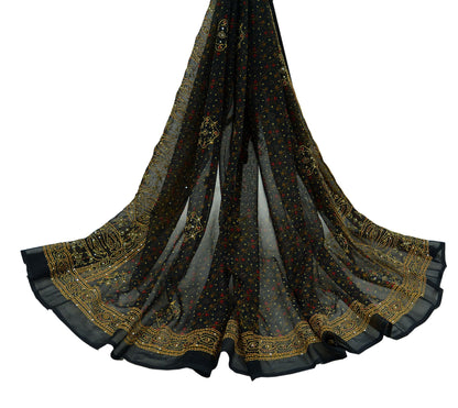 Indian Vintage Dupatta Black Long Stole Hand Embroidered kantha stole Georgette Scarves Veil Wrap Soft Floral Sequins