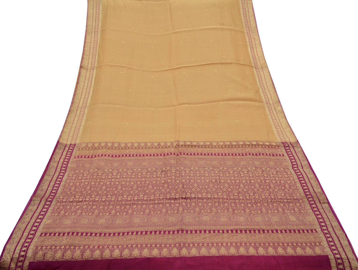 Indian Vintage Sari Beige & Purple 100% Pure Silk Hand Woven Sarees Craft Fabric 5Yd Ethnic Sewing Dress making Crafting Quilting Upcycle