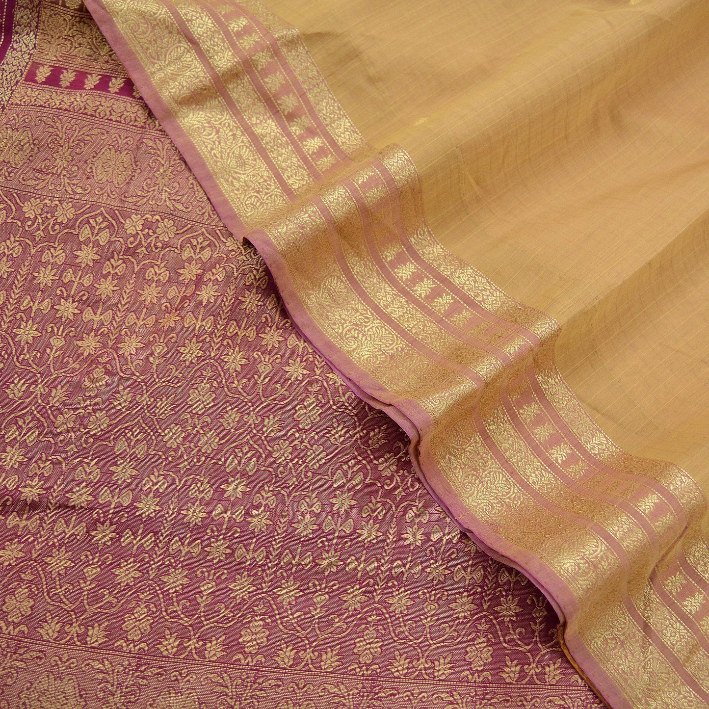 Indian Vintage Sari Beige & Purple 100% Pure Silk Hand Woven Sarees Craft Fabric 5Yd Ethnic Sewing Dress making Crafting Quilting Upcycle