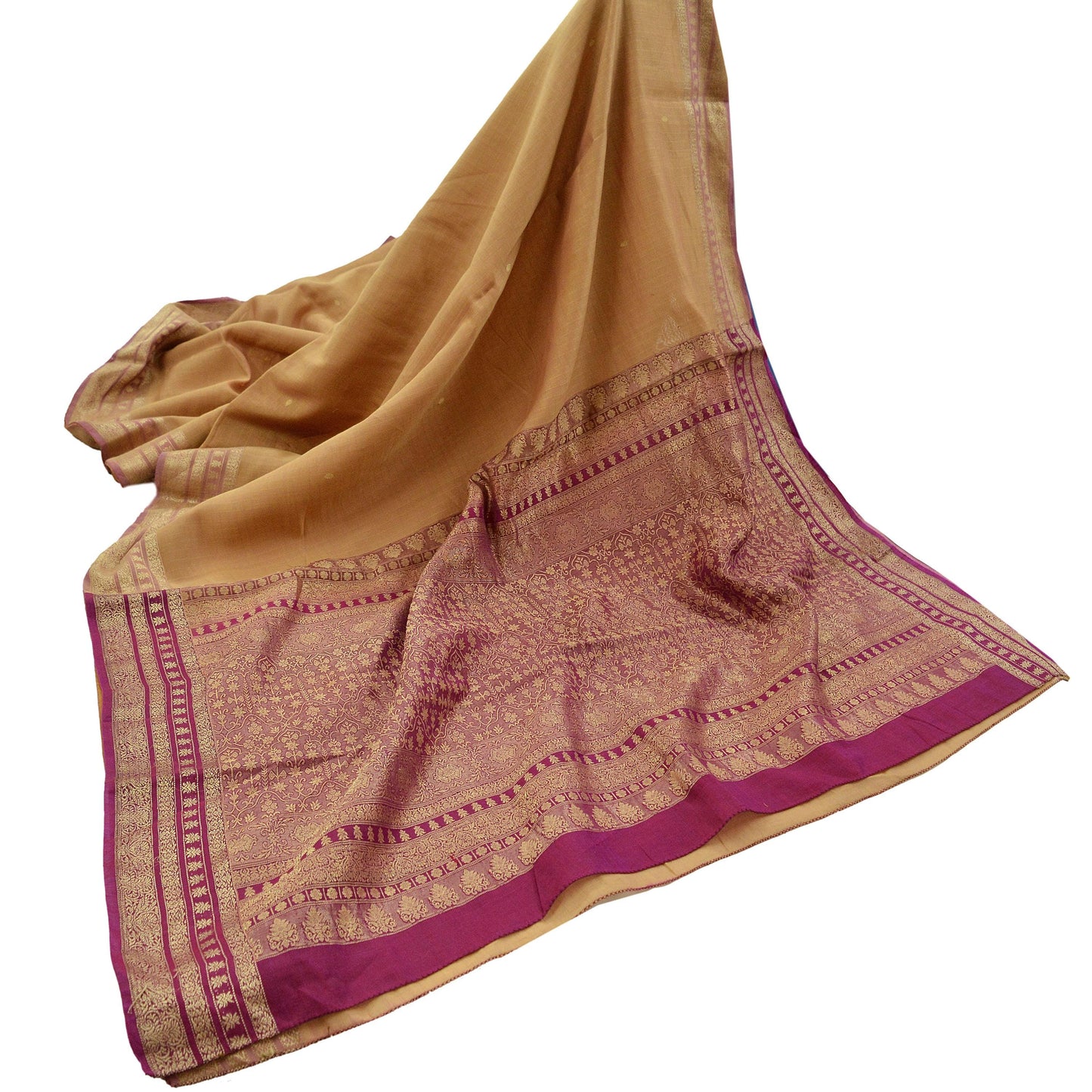 Indian Vintage Sari Beige & Purple 100% Pure Silk Hand Woven Sarees Craft Fabric 5Yd Ethnic Sewing Dress making Crafting Quilting Upcycle