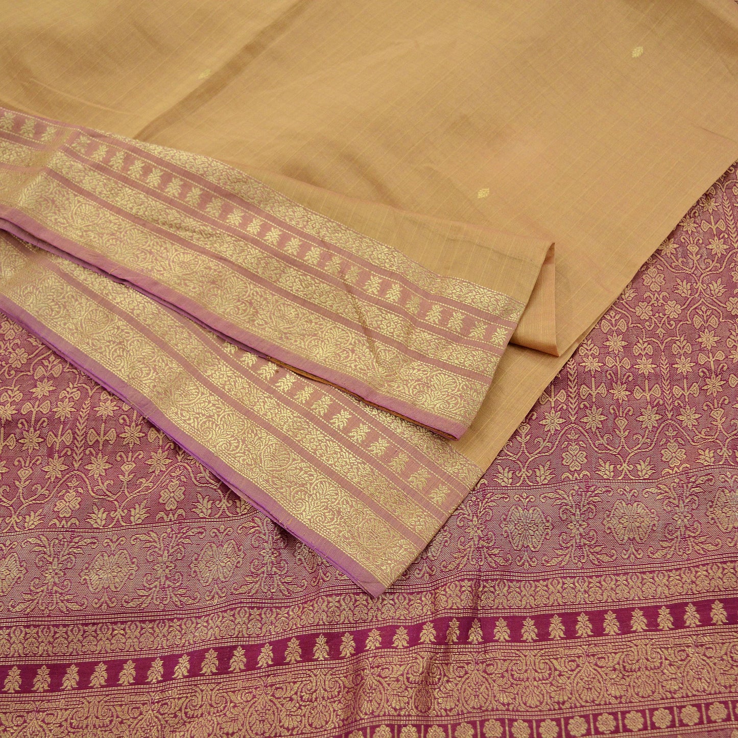 Indian Vintage Sari Beige & Purple 100% Pure Silk Hand Woven Sarees Craft Fabric 5Yd Ethnic Sewing Dress making Crafting Quilting Upcycle