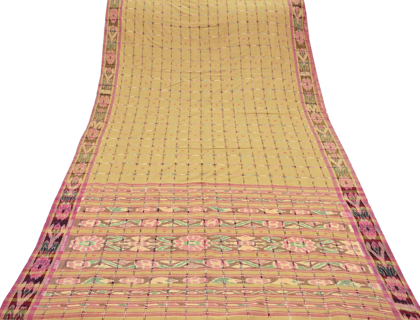 Indian Vintage Sarees Beige Pure Cotton Hand woven Sambalpuri Ikat sari Craft Fabric 5Yd Ethnic Chackra Border Dress Making Quilting